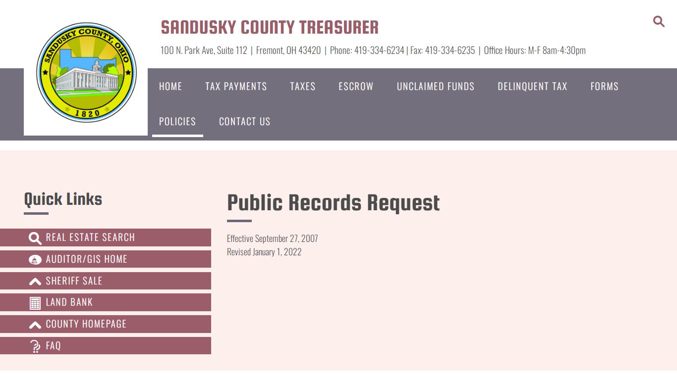 Public Records Request – Sandusky County Treasurer